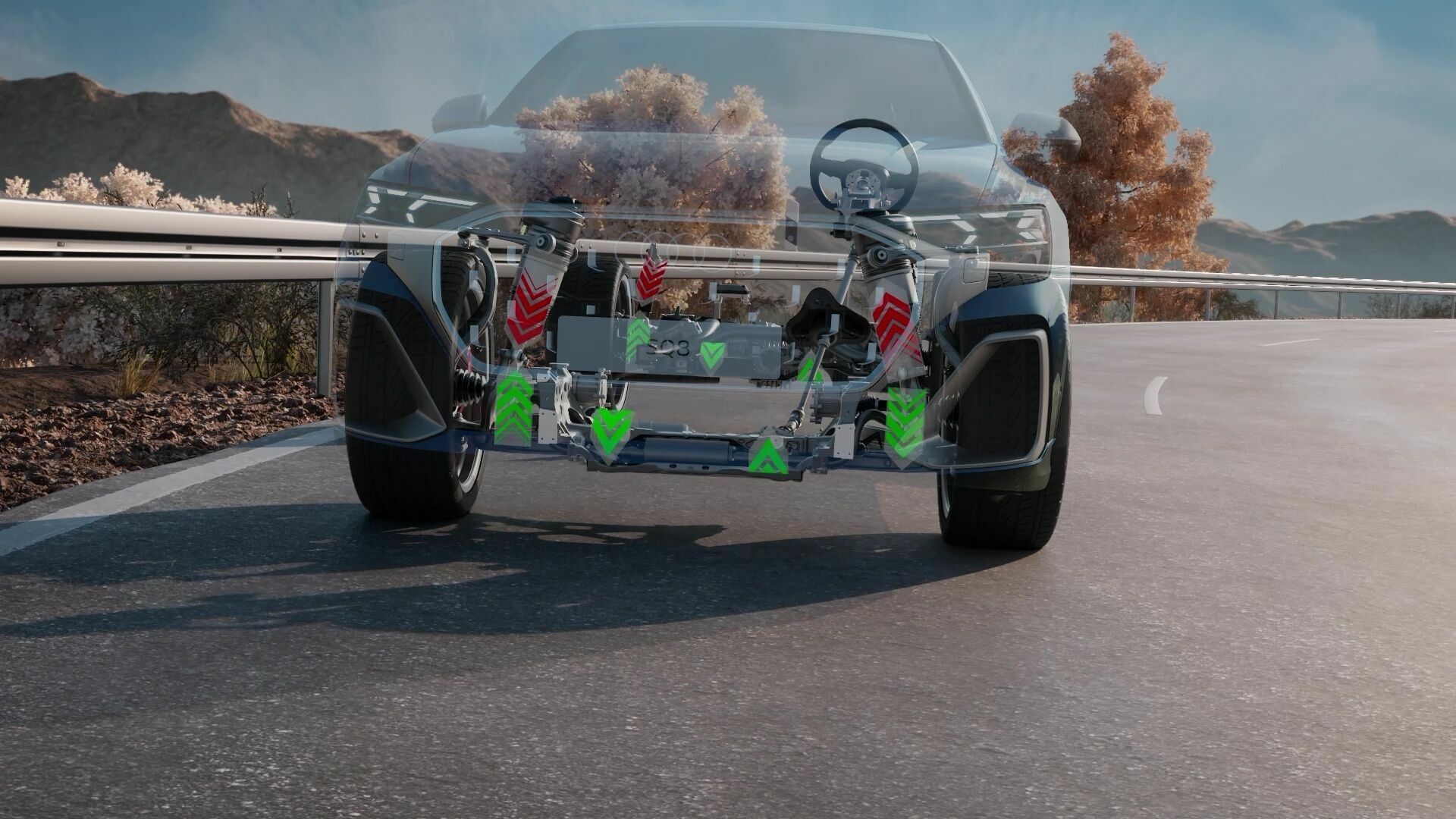 Audi SQ8 – Adaptive air suspension plus, eAWS, sport differential and all-wheel steering – Animation